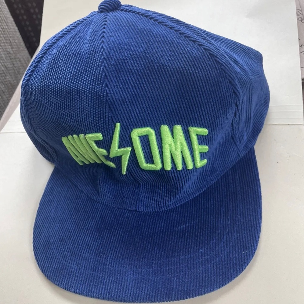 Old Navy Blue Corduroy Snapback Hat with "Awesome" in green lettering